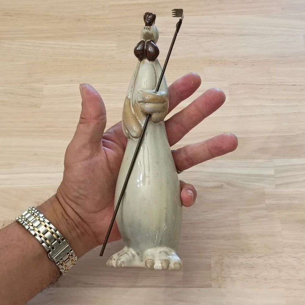 Whimsical Tall Ceramic Rooster Figurine Holding Garden Rake Country Decor